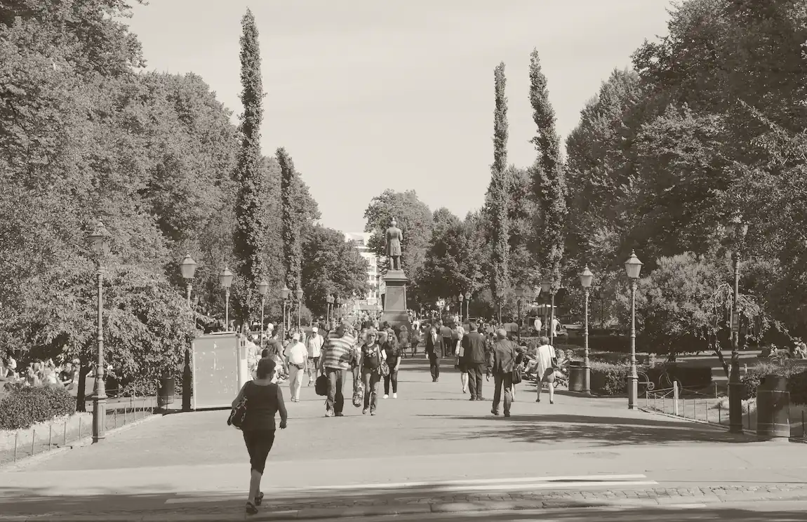 Esplanadin puistokäytävä Helsingissä, lehmukset ja kävelijät